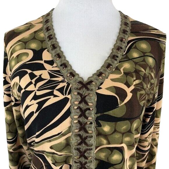 Viola Jersey Stretch V Neck Geometric Top Long Sleeves Pullover Size Large - Picture 3 of 8
